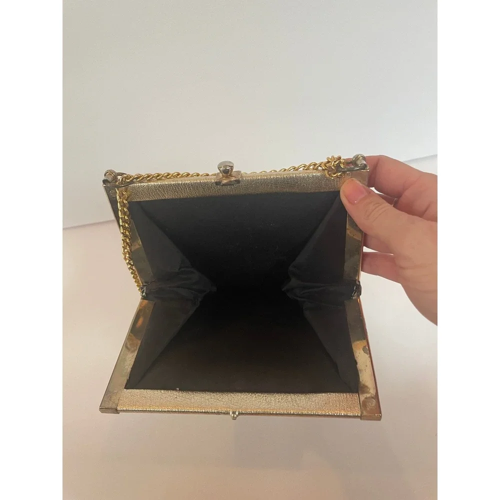 Vintage Gold Metallic Evening Bag Kiss Lock Chain Strap Formal‎ Clutch Handbag